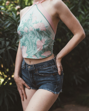 Top Rosa y Verde De Seda Anudado al Cuello Vintage